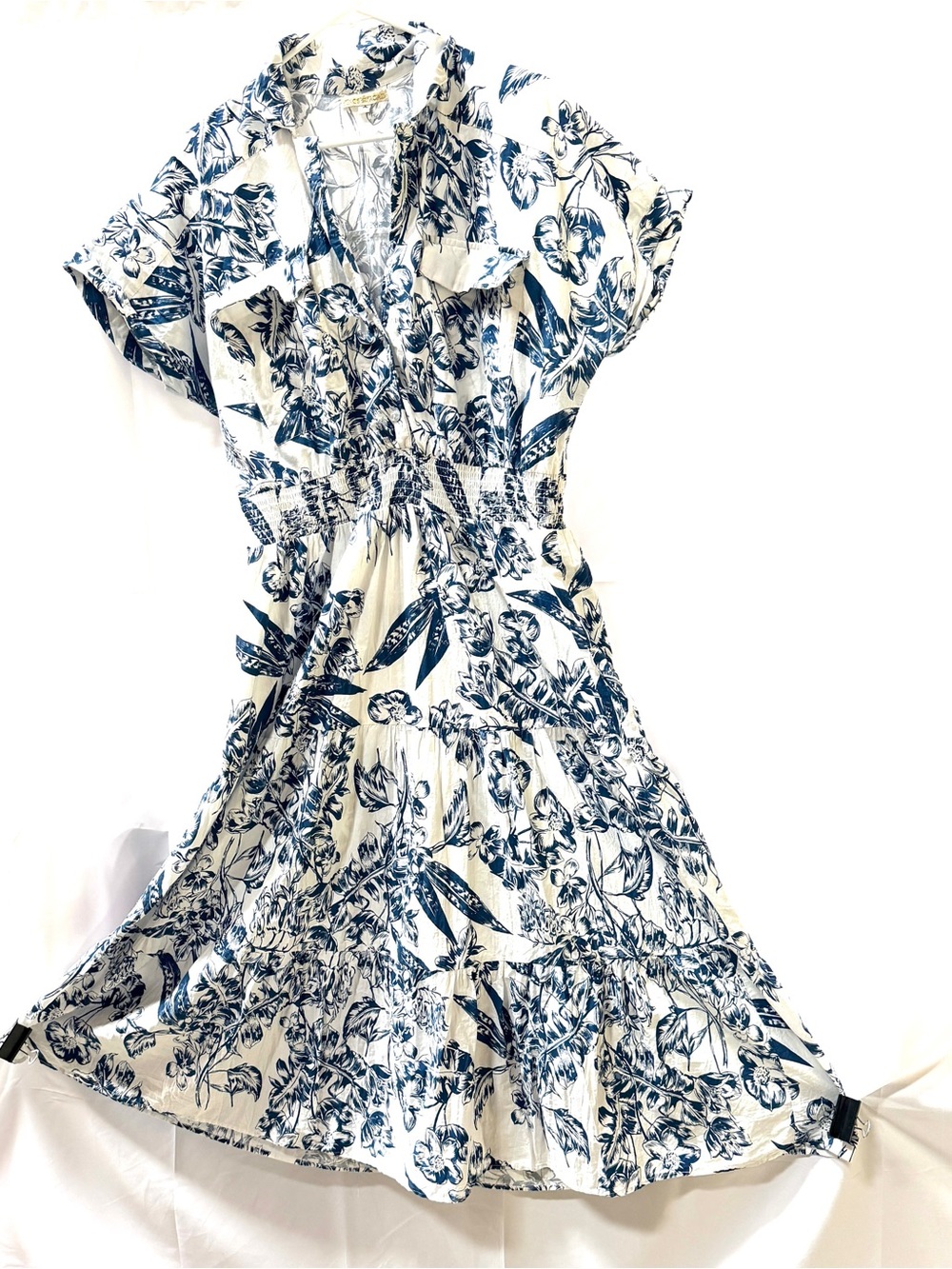 Cool Cotton Floral Tropical Botanical Women's Dress, Navy and White, Size 1X